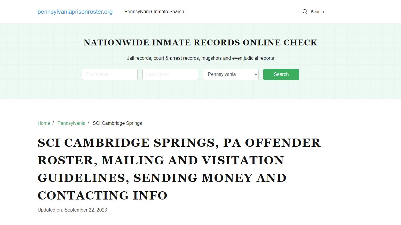 SCI Cambridge Springs, PA: Inmate Search, Visitation & Contact Info