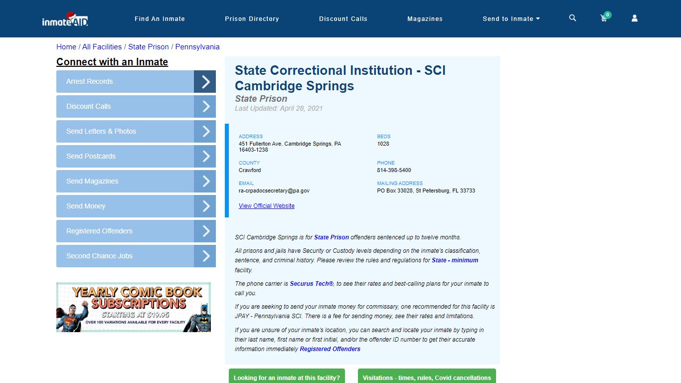 SCI Cambridge Springs & Inmate Search | Visitation - Cambridge Springs