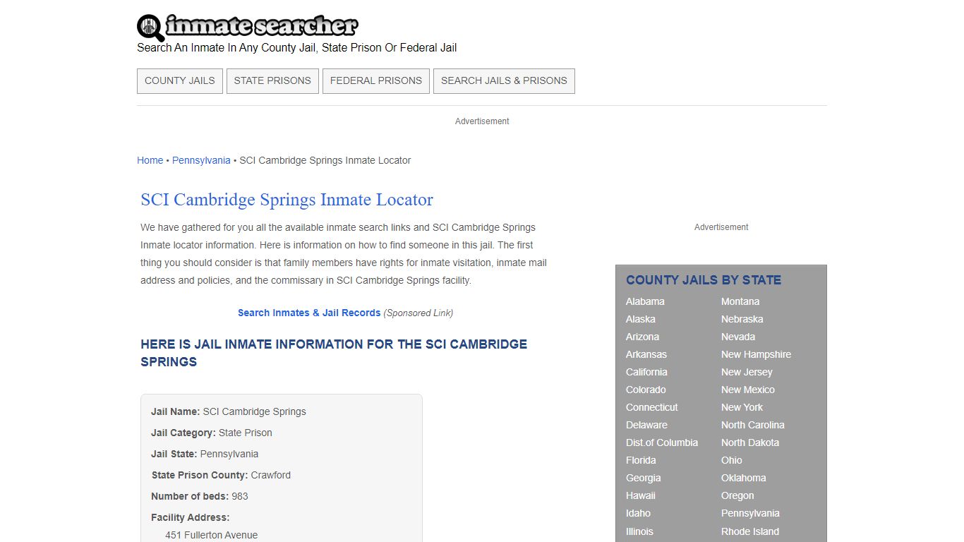 SCI Cambridge Springs Inmate Locator - Inmate Searcher
