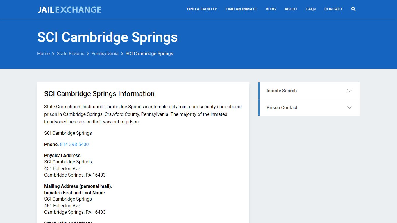 SCI Cambridge Springs Inmate Search, PA - Jail Exchange