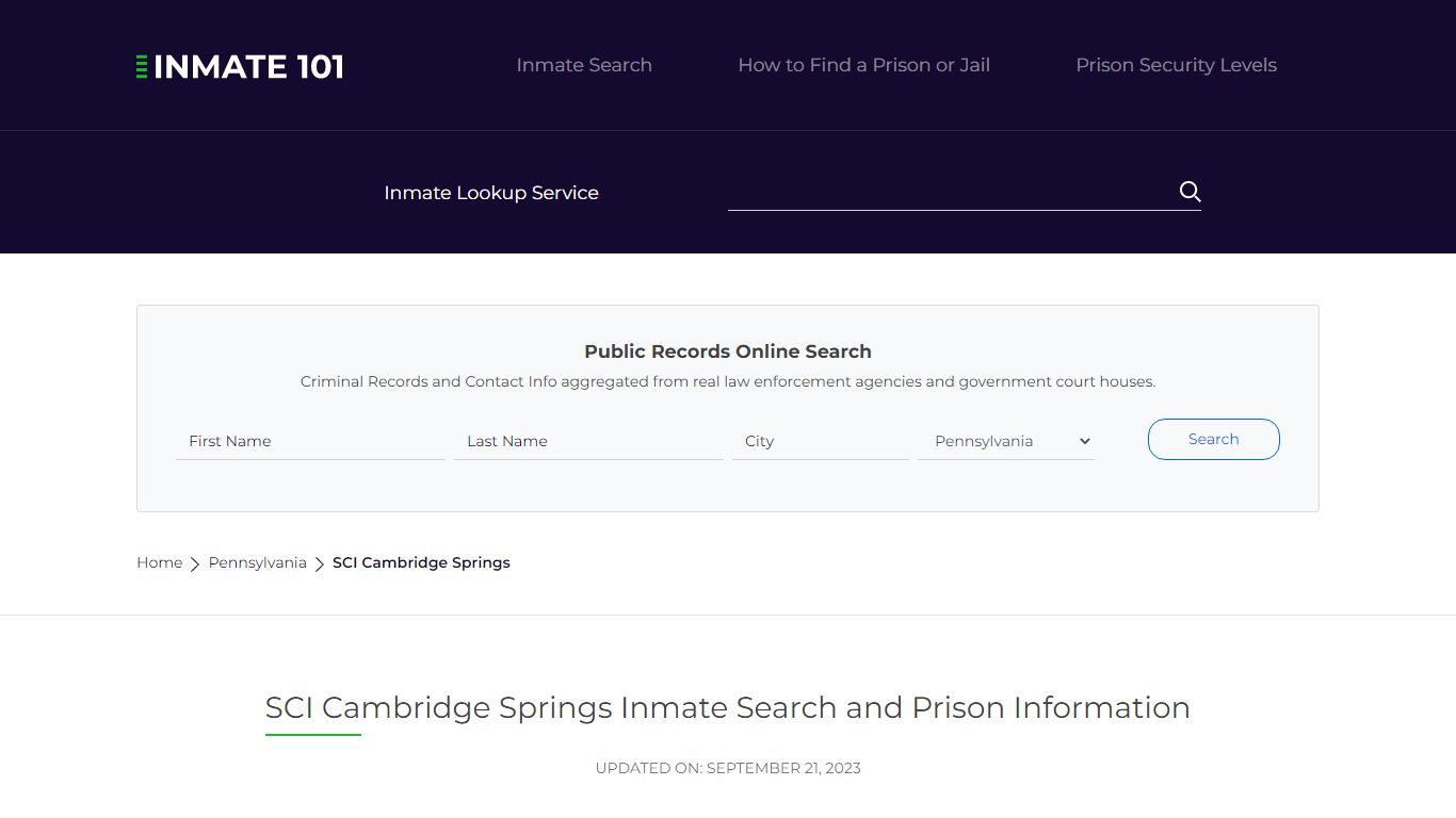 SCI Cambridge Springs Inmate Search and Prison Information