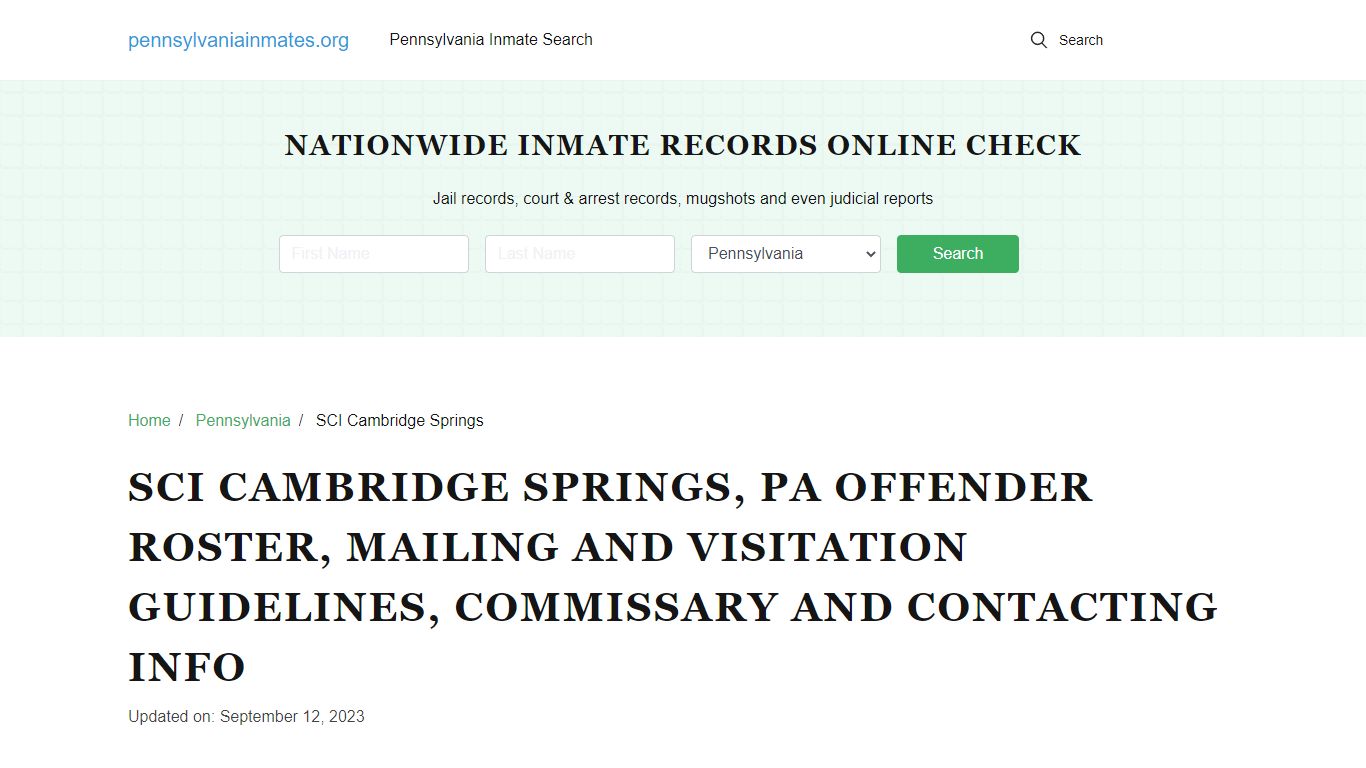 SCI Cambridge Springs, PA: Inmate Search, Visitation & Contact Info